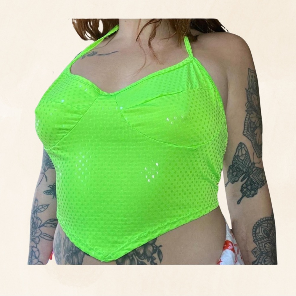 Neon Green Sequin Crop Top Halter